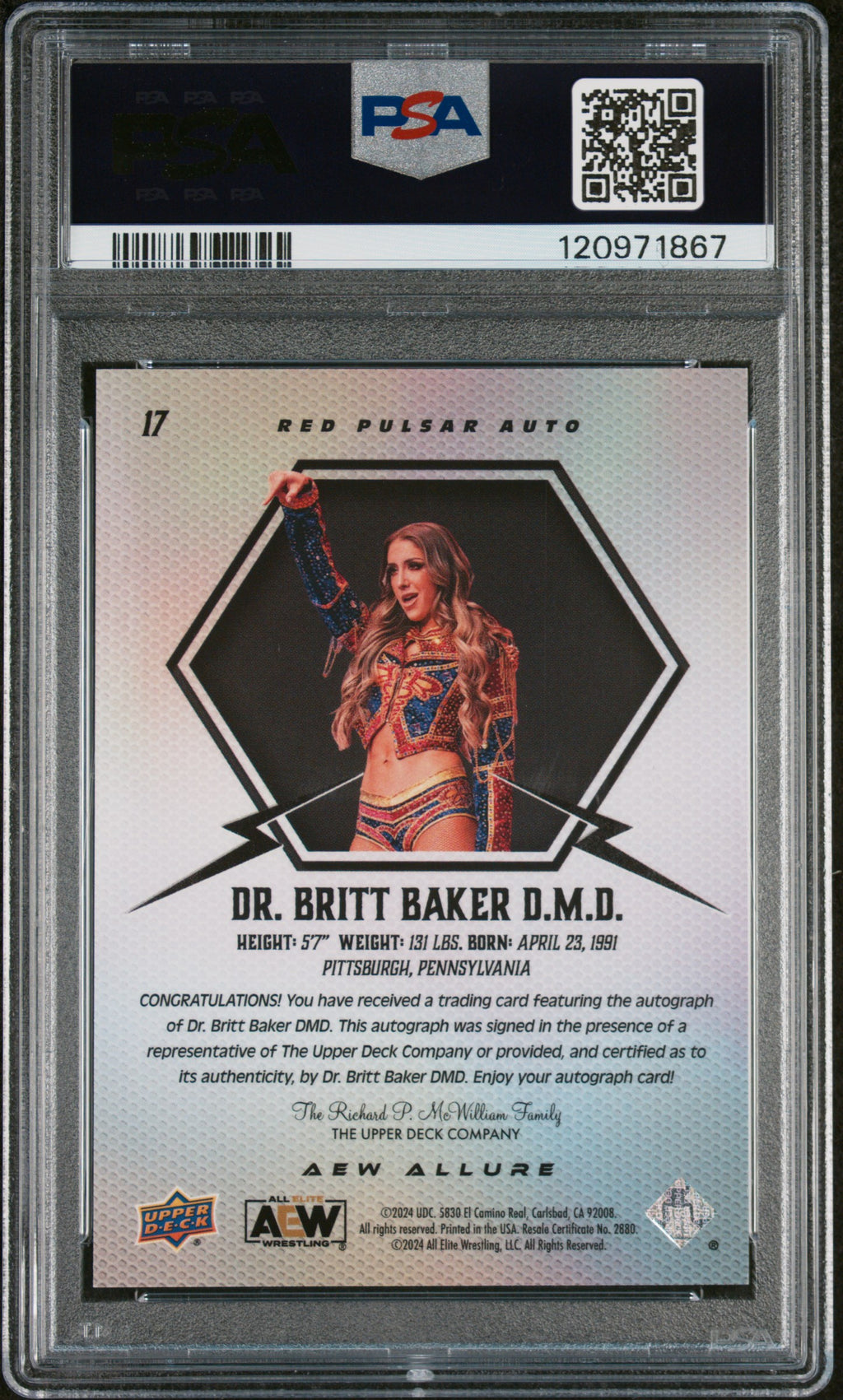 Dr. Britt Baker / DMD [Red Autograph] #17 2024 Upper Deck Allure AEW (PSA 9 MINT)