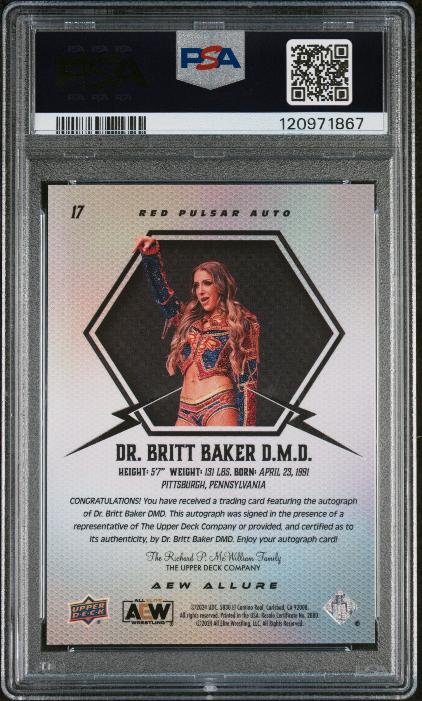 Dr. Britt Baker / DMD [Red Autograph] #17 2024 Upper Deck Allure AEW (PSA 9 MINT)