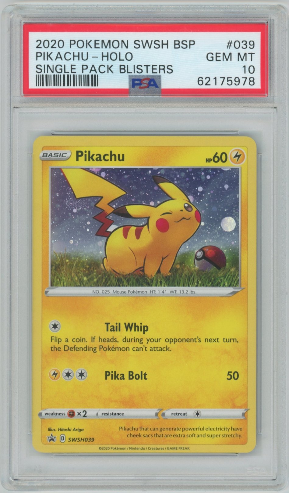 2020 Pokémon Swsh Black Star Promo #039 Pikachu - Holo Single Pack Blisters (PSA 10 GEM MINT)